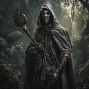 Warrior in tattered gray cloak and crooked ceramic plague docter mask wielding jungle weapon, 8k, Gothic and Fantasy, Elden Ring, Photo Realistic, Dynamic Lighting by Greg Rutkowski