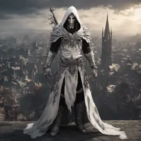 White male warrior long silver  hair with organic bone full body armour and a hooded cloak wearing a bone demonic mask, overlooking a gothic massive city, 8k, Gothic and Fantasy, Elden Ring, Photo Realistic, Dynamic Lighting by Greg Rutkowski