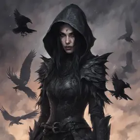 Intricate portrait of a horrifying pale assassin dusk elf, black hair, black eyes, fully covering black hooded armor, ravens, 8k, Gothic and Fantasy, Beautiful, Sci-Fi, Photo Realistic