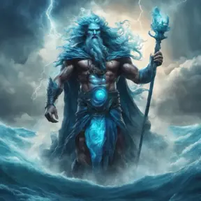 A celestial Blue-skinned God of the Seas, Storms, and Exploring emanating power of the seas, wearing half-leather, shrouded in storms in the style of digital art, 8k, Fantasy