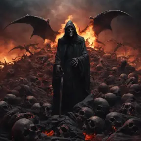 Grim reaper in hell, above a pile of corpses, dark and scary night, 8k, Gothic and Fantasy, Beautiful, Sci-Fi, Photo Realistic