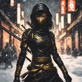 Silhouette of a mysterious beautiful armed kunoichi ninja wearing black leather and gold in the streets of dark snowy tokyo, 8k, Intricate Details, Trending on Artstation, Beautiful, Stunning, Centered by Stanley Artgerm Lau, WLOP