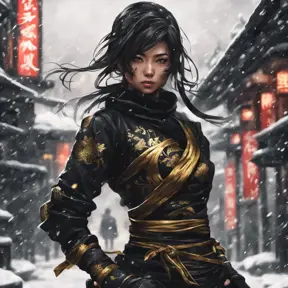 Silhouette of a mysterious beautiful armed kunoichi ninja wearing black leather and gold in the streets of dark snowy tokyo, 8k, Intricate Details, Trending on Artstation, Beautiful, Stunning, Centered by Stanley Artgerm Lau, WLOP