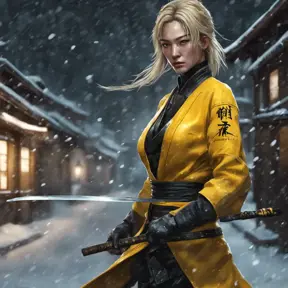 Mysterious beautiful kill bill ninja in the streets of a dark snowy town, 8k, Intricate Details, Trending on Artstation, Beautiful, Stunning, Centered by Stanley Artgerm Lau, WLOP