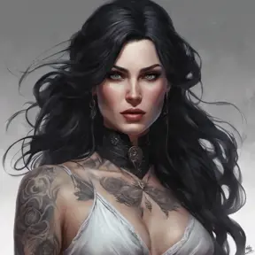 Matte portrait of Yennefer with tattoos, 8k, Highly Detailed, Powerful, Alluring, Artstation, Magical, Digital Painting, Photo Realistic, Sharp Focus, Volumetric Lighting, Concept Art by Stanley Artgerm Lau, Alphonse Mucha, Greg Rutkowski