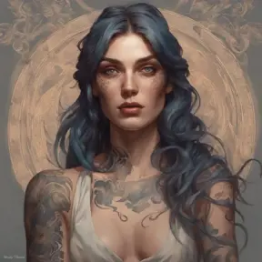 Matte portrait of Florence Faivre with tattoos, 8k, Highly Detailed, Powerful, Alluring, Artstation, Magical, Digital Painting, Photo Realistic, Sharp Focus, Volumetric Lighting, Concept Art by Stanley Artgerm Lau, Alphonse Mucha, Greg Rutkowski