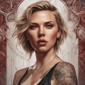 Matte portrait of Scarlett Johansson with tattoos, 8k, Highly Detailed, Powerful, Alluring, Artstation, Magical, Digital Painting, Photo Realistic, Sharp Focus, Volumetric Lighting, Concept Art by Stanley Artgerm Lau, Alphonse Mucha, Greg Rutkowski