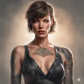 Matte portrait of Milla Jovovich with tattoos, 8k, Highly Detailed, Alluring, Artstation, Bokeh effect, Sharp Focus, Volumetric Lighting, Concept Art by Stanley Artgerm Lau, Greg Rutkowski