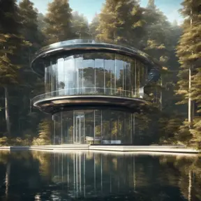 Beautiful futuristic architectural glass house in the forest on a large lake, 8k, Award-Winning, Highly Detailed, Beautiful, Epic, Octane Render, Unreal Engine, Radiant, Volumetric Lighting by Louis Comfort Tiffany