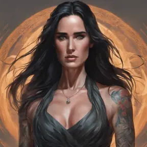 Matte portrait of Jennifer Connelly with tattoos, 8k, Highly Detailed, Powerful, Alluring, Artstation, Magical, Digital Painting, Photo Realistic, Sharp Focus, Volumetric Lighting, Concept Art by Stanley Artgerm Lau, Alphonse Mucha, Greg Rutkowski