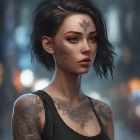 Matte portrait of Lyx with tattoos, 8k, Highly Detailed, Alluring, Artstation, Bokeh effect, Sharp Focus, Volumetric Lighting, Concept Art by Stanley Artgerm Lau, Greg Rutkowski