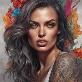 Colorful portrait of a tattooed Irina Shayk with a grey scale face, 4k, Highly Detailed, Hyper Detailed, Powerful, Artstation, Vintage Illustration, Digital Painting, Sharp Focus, Smooth, Concept Art by Stanley Artgerm Lau, Alphonse Mucha, Greg Rutkowski