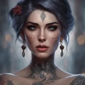 Matte portrait of Morgana with tattoos, 8k, Highly Detailed, Alluring, Artstation, Bokeh effect, Sharp Focus, Volumetric Lighting, Concept Art by Stanley Artgerm Lau, Greg Rutkowski