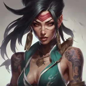 Matte portrait of Akali from League of Legends with tattoos, 8k, Highly Detailed, Powerful, Alluring, Artstation, Magical, Digital Painting, Photo Realistic, Sharp Focus, Volumetric Lighting, Concept Art by Stanley Artgerm Lau, Alphonse Mucha, Greg Rutkowski