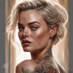 Matte portrait of Margot Robbie with tattoos, 8k, Highly Detailed, Powerful, Alluring, Artstation, Magical, Digital Painting, Photo Realistic, Sharp Focus, Volumetric Lighting, Concept Art by Stanley Artgerm Lau, Alphonse Mucha, Greg Rutkowski