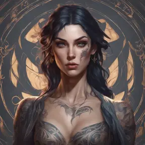 Matte portrait of Morgana with tattoos, 8k, Highly Detailed, Powerful, Alluring, Artstation, Magical, Digital Painting, Photo Realistic, Sharp Focus, Volumetric Lighting, Concept Art by Stanley Artgerm Lau, Alphonse Mucha, Greg Rutkowski