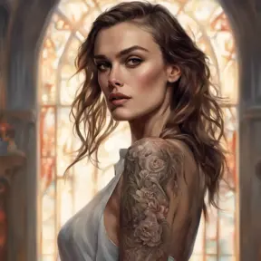 Matte portrait of Keira Knightley with tattoos, 8k, Highly Detailed, Powerful, Alluring, Artstation, Magical, Digital Painting, Photo Realistic, Sharp Focus, Volumetric Lighting, Concept Art by Stanley Artgerm Lau, Alphonse Mucha, Greg Rutkowski