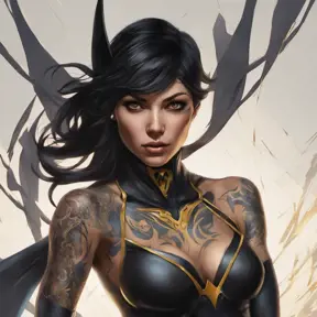 Matte portrait of Cassandra Cain with tattoos, 8k, Highly Detailed, Powerful, Alluring, Artstation, Magical, Digital Painting, Photo Realistic, Sharp Focus, Volumetric Lighting, Concept Art by Stanley Artgerm Lau, Alphonse Mucha, Greg Rutkowski