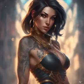 Matte portrait of Sivir with tattoos, 8k, Highly Detailed, Alluring, Artstation, Bokeh effect, Sharp Focus, Volumetric Lighting, Concept Art by Stanley Artgerm Lau, Greg Rutkowski