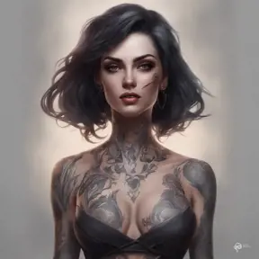 Matte portrait of Morgana with tattoos, 8k, Highly Detailed, Alluring, Artstation, Bokeh effect, Sharp Focus, Volumetric Lighting, Concept Art by Stanley Artgerm Lau, Greg Rutkowski