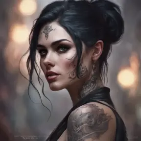 Matte portrait of Morgana with tattoos, 8k, Highly Detailed, Alluring, Artstation, Bokeh effect, Sharp Focus, Volumetric Lighting, Concept Art by Stanley Artgerm Lau, Greg Rutkowski