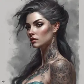 Matte portrait of Morgana with tattoos, 8k, Highly Detailed, Powerful, Alluring, Artstation, Magical, Digital Painting, Photo Realistic, Sharp Focus, Volumetric Lighting, Concept Art by Stanley Artgerm Lau, Alphonse Mucha, Greg Rutkowski