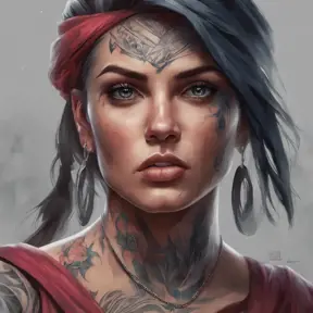 Colorful portrait of a tattooed Kassandra with a grey scale face, 4k, Highly Detailed, Hyper Detailed, Powerful, Artstation, Vintage Illustration, Digital Painting, Sharp Focus, Smooth, Concept Art by Stanley Artgerm Lau, Greg Rutkowski