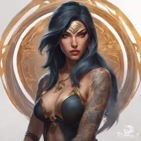 Matte portrait of Sivir with tattoos, 8k, Highly Detailed, Powerful, Alluring, Artstation, Magical, Digital Painting, Photo Realistic, Sharp Focus, Volumetric Lighting, Concept Art by Stanley Artgerm Lau, Alphonse Mucha, Greg Rutkowski