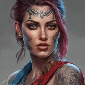 Colorful portrait of a tattooed Kassandra with a grey scale face, 4k, Highly Detailed, Hyper Detailed, Powerful, Artstation, Vintage Illustration, Digital Painting, Sharp Focus, Smooth, Concept Art by Stanley Artgerm Lau, Greg Rutkowski