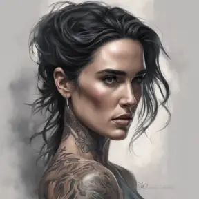 Matte portrait of Jennifer Connelly with tattoos, 8k, Highly Detailed, Powerful, Alluring, Artstation, Magical, Digital Painting, Photo Realistic, Sharp Focus, Volumetric Lighting, Concept Art by Stanley Artgerm Lau, Alphonse Mucha, Greg Rutkowski