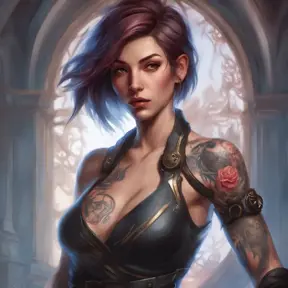 Matte portrait of Fiora with tattoos, 8k, Highly Detailed, Powerful, Alluring, Artstation, Magical, Digital Painting, Photo Realistic, Sharp Focus, Volumetric Lighting, Concept Art by Stanley Artgerm Lau, Alphonse Mucha, Greg Rutkowski