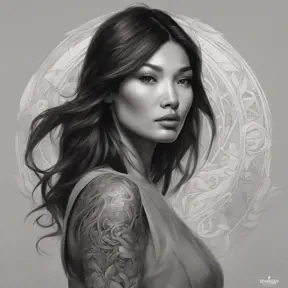 Matte portrait of Gemma Chan with tattoos, 8k, Highly Detailed, Powerful, Alluring, Artstation, Magical, Digital Painting, Photo Realistic, Sharp Focus, Volumetric Lighting, Concept Art by Stanley Artgerm Lau, Alphonse Mucha, Greg Rutkowski