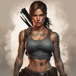 Matte portrait of Lara Croft with tattoos, 8k, Highly Detailed, Powerful, Alluring, Artstation, Magical, Digital Painting, Photo Realistic, Sharp Focus, Volumetric Lighting, Concept Art by Stanley Artgerm Lau, Alphonse Mucha, Greg Rutkowski