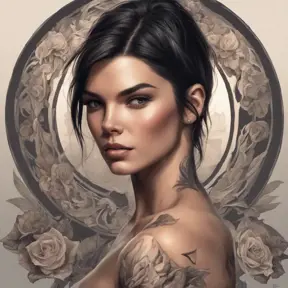 Matte portrait of Kendall Jenner with tattoos, 8k, Highly Detailed, Powerful, Alluring, Artstation, Magical, Digital Painting, Photo Realistic, Sharp Focus, Volumetric Lighting, Concept Art by Stanley Artgerm Lau, Alphonse Mucha, Greg Rutkowski