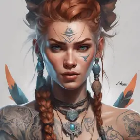 Matte portrait of Aloy with tattoos, 8k, Highly Detailed, Powerful, Alluring, Artstation, Magical, Digital Painting, Photo Realistic, Sharp Focus, Volumetric Lighting, Concept Art by Stanley Artgerm Lau, Alphonse Mucha, Greg Rutkowski