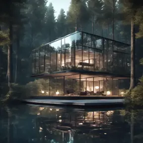 Beautiful futuristic architectural glass house in the forest on a large lake, 8k, Award-Winning, Highly Detailed, Beautiful, Epic, Octane Render, Unreal Engine, Radiant, Volumetric Lighting by Hans Baluschek