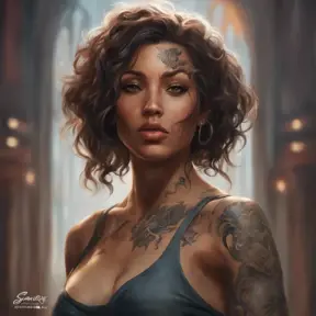 Matte portrait of Samira with tattoos, 8k, Highly Detailed, Powerful, Alluring, Artstation, Magical, Digital Painting, Photo Realistic, Sharp Focus, Volumetric Lighting, Concept Art by Stanley Artgerm Lau, Alphonse Mucha, Greg Rutkowski