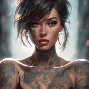 Matte portrait of A2 with tattoos, 8k, Highly Detailed, Alluring, Artstation, Bokeh effect, Sharp Focus, Volumetric Lighting, Concept Art by Stanley Artgerm Lau, Greg Rutkowski