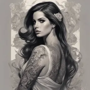 Matte portrait of Lana Del Rey with tattoos, 8k, Highly Detailed, Powerful, Alluring, Artstation, Magical, Digital Painting, Photo Realistic, Sharp Focus, Volumetric Lighting, Concept Art by Stanley Artgerm Lau, Alphonse Mucha, Greg Rutkowski