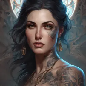 Matte portrait of Morgana with tattoos, 8k, Highly Detailed, Powerful, Alluring, Artstation, Magical, Digital Painting, Photo Realistic, Sharp Focus, Volumetric Lighting, Concept Art by Stanley Artgerm Lau, Alphonse Mucha, Greg Rutkowski