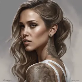 Matte portrait of Jessica Alba with tattoos, 8k, Highly Detailed, Powerful, Alluring, Artstation, Magical, Digital Painting, Photo Realistic, Sharp Focus, Volumetric Lighting, Concept Art by Stanley Artgerm Lau, Alphonse Mucha, Greg Rutkowski