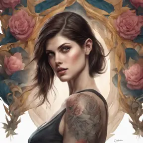 Matte portrait of Alexandra Daddario with tattoos, 8k, Highly Detailed, Powerful, Alluring, Artstation, Magical, Digital Painting, Photo Realistic, Sharp Focus, Volumetric Lighting, Concept Art by Stanley Artgerm Lau, Alphonse Mucha, Greg Rutkowski