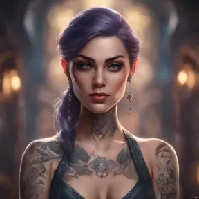 Matte portrait of Morgana with tattoos, 8k, Highly Detailed, Alluring, Artstation, Bokeh effect, Sharp Focus, Volumetric Lighting, Concept Art by Stanley Artgerm Lau, Greg Rutkowski