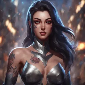 Matte portrait of Irelia with tattoos, 8k, Highly Detailed, Alluring, Artstation, Bokeh effect, Sharp Focus, Volumetric Lighting, Concept Art by Stanley Artgerm Lau, Greg Rutkowski