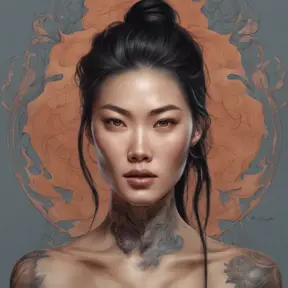 Matte portrait of Liu Wen with tattoos, 8k, Highly Detailed, Powerful, Alluring, Artstation, Magical, Digital Painting, Photo Realistic, Sharp Focus, Volumetric Lighting, Concept Art by Stanley Artgerm Lau, Alphonse Mucha, Greg Rutkowski