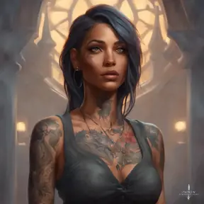 Matte portrait of Samira with tattoos, 8k, Highly Detailed, Powerful, Alluring, Artstation, Magical, Digital Painting, Photo Realistic, Sharp Focus, Volumetric Lighting, Concept Art by Stanley Artgerm Lau, Alphonse Mucha, Greg Rutkowski