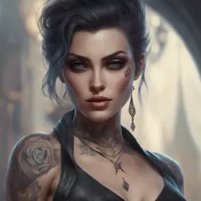 Matte portrait of Morgana with tattoos, 8k, Highly Detailed, Alluring, Artstation, Bokeh effect, Sharp Focus, Volumetric Lighting, Concept Art by Stanley Artgerm Lau, Greg Rutkowski