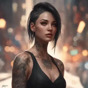 Matte portrait of A2 with tattoos, 8k, Highly Detailed, Alluring, Artstation, Bokeh effect, Sharp Focus, Volumetric Lighting, Concept Art by Stanley Artgerm Lau, Greg Rutkowski