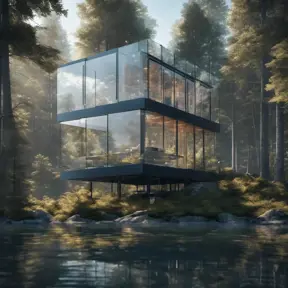 Beautiful futuristic architectural glass house in the forest on a large lake, 8k, Award-Winning, Highly Detailed, Beautiful, Epic, Octane Render, Unreal Engine, Radiant, Volumetric Lighting by Hans Baluschek