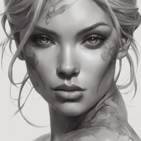 Matte portrait of A2 with tattoos, 8k, Highly Detailed, Powerful, Alluring, Artstation, Magical, Digital Painting, Photo Realistic, Sharp Focus, Volumetric Lighting, Concept Art by Stanley Artgerm Lau, Alphonse Mucha, Greg Rutkowski